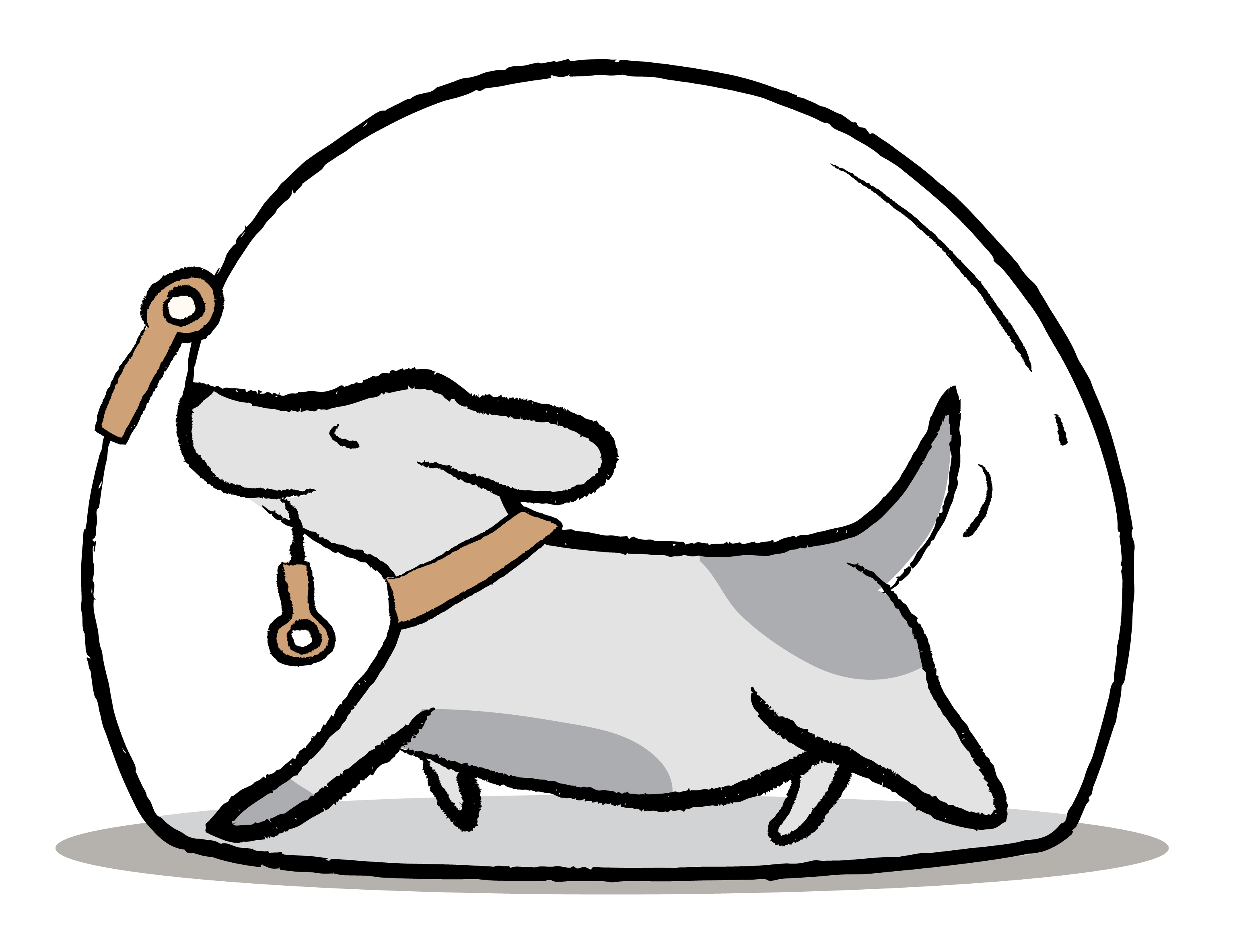 Illustration of a dog on a leash with a clear bubble around it to depict the dog being secured by DOGLOC